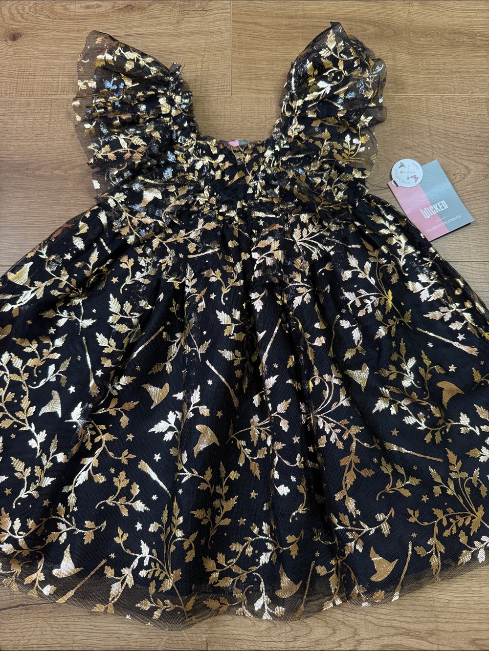 Wicked - Elegant Black & Gold Floral with witch hat and broom Girls Dress